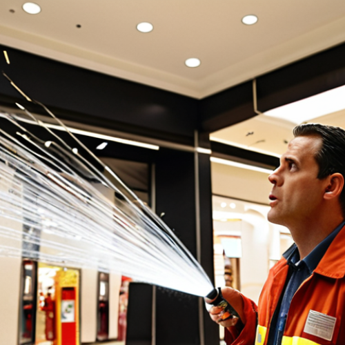 **

A fire safety expert inspecting a shopping mall's sprinkler system. Focus on the expert identifying a faulty sprinkler head. The background should be a brightly lit mall environment, with shoppers visible in the distance. Emphasize attention to detail and the importance of preventative measures.

**