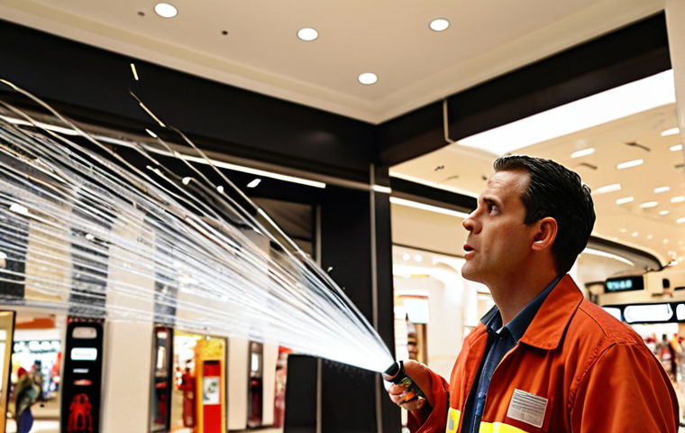 **
A fire safety expert inspecting a shopping mall's sprinkler system. Focus on the expert identifying a faulty sprinkler head. The background should be a brightly lit mall environment, with shoppers visible in the distance. Emphasize attention to detail and the importance of preventative measures.
**