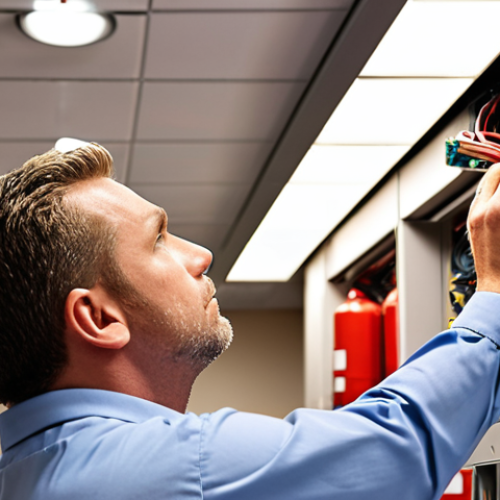 **

"Fire alarm system installation in a modern office building, technician inspecting smoke detectors, focus on the intricate wiring and sensor technology, bright lighting, professional setting, emphasis on safety and precision."

**
