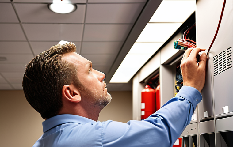 **

"Fire alarm system installation in a modern office building, technician inspecting smoke detectors, focus on the intricate wiring and sensor technology, bright lighting, professional setting, emphasis on safety and precision."

**
