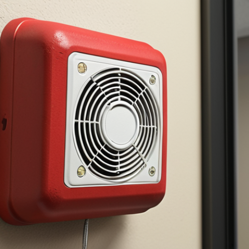 **

Prompt: "Dusty fire alarm sensor in an office building, close-up, malfunctioning, causing a false alarm. Focus on the sensor and surrounding dust."

**