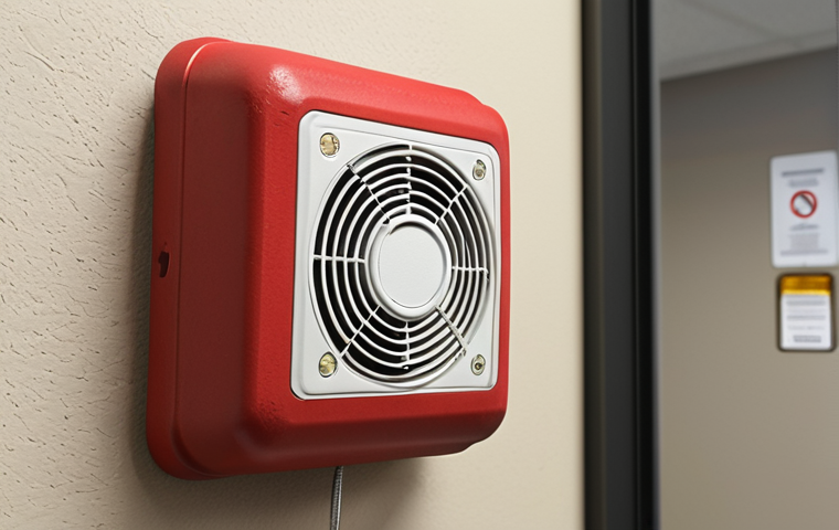 **

Prompt: "Dusty fire alarm sensor in an office building, close-up, malfunctioning, causing a false alarm. Focus on the sensor and surrounding dust."

**