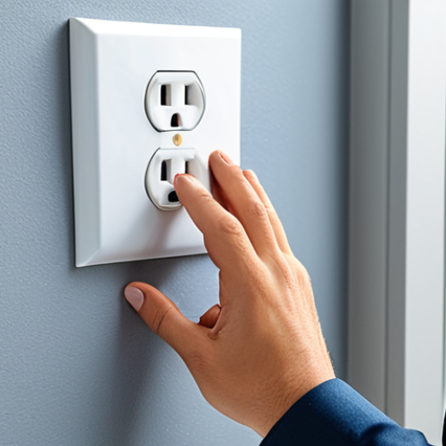 A professional person, fully clothed in modest business-casual attire, carefully checking an electrical wall outlet for safety in a modern, well-organized home office. The room is brightly lit, showcasing a clean desk and a clear pathway. The scene emphasizes fire prevention and individual awareness. safe for work, appropriate content, fully clothed, perfect anatomy, correct proportions, natural pose, well-formed hands, proper finger count, natural body proportions, professional photography, high quality, family-friendly.