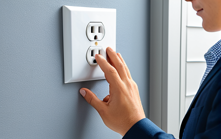 A professional person, fully clothed in modest business-casual attire, carefully checking an electrical wall outlet for safety in a modern, well-organized home office. The room is brightly lit, showcasing a clean desk and a clear pathway. The scene emphasizes fire prevention and individual awareness. safe for work, appropriate content, fully clothed, perfect anatomy, correct proportions, natural pose, well-formed hands, proper finger count, natural body proportions, professional photography, high quality, family-friendly.