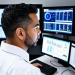 A professional fire safety management technician, wearing a clean, modest work uniform, is meticulously monitoring a large digital interface in a sleek, modern building control room. The room features multiple screens displaying building schematics, real-time sensor data, and IoT insights, highlighting the integration of AI and smart systems. The technician, with perfect anatomy and correct proportions, is focused and calm, demonstrating a vigilant and proactive approach to safety. The scene emphasizes high-tech integration and efficient management, with professional lighting and clear details. safe for work, appropriate content, fully clothed, professional, well-formed hands, proper finger count, natural body proportions.