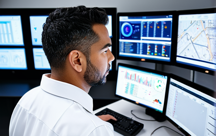 A professional fire safety management technician, wearing a clean, modest work uniform, is meticulously monitoring a large digital interface in a sleek, modern building control room. The room features multiple screens displaying building schematics, real-time sensor data, and IoT insights, highlighting the integration of AI and smart systems. The technician, with perfect anatomy and correct proportions, is focused and calm, demonstrating a vigilant and proactive approach to safety. The scene emphasizes high-tech integration and efficient management, with professional lighting and clear details. safe for work, appropriate content, fully clothed, professional, well-formed hands, proper finger count, natural body proportions.
